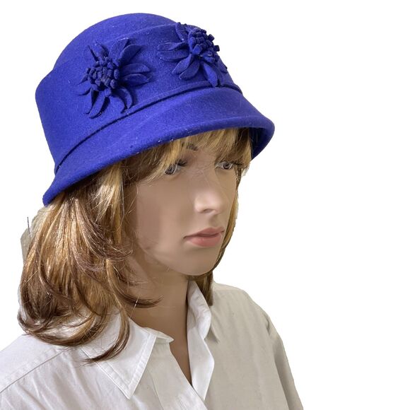 Vintage Andora Felt Cloche Bucket Hat Floral adjustable OS Royal Blue - Picture 1 of 9